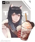  1girl absurdres animal_ears arknights artist_name black_hair black_sweater border brown_eyes character_name closed_mouth commentary cup disposable_cup drink drinking_straw food food_focus fur-trimmed_hood fur_trim gloves gradient_hair grey_background grey_hair highres holding holding_cup holding_drink hood hood_down hooded_jacket ice_cream jacket looking_at_viewer milkshake multicolored_hair open_clothes open_jacket outside_border red_gloves sweater texas_(arknights) upper_body white_border wolf_ears zeroorez 