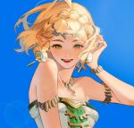  1girl bare_shoulders blonde_hair blush braid collarbone crown_braid dress earrings green_eyes hair_ornament highres hireath_21 jewelry looking_at_viewer necklace official_alternate_costume official_alternate_hair_length official_alternate_hairstyle open_mouth parted_bangs pointy_ears princess_zelda short_hair sidelocks solo teardrop_facial_mark the_legend_of_zelda the_legend_of_zelda:_tears_of_the_kingdom white_dress 