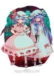 2girls bat_wings blue_bow blue_hair blush bow bubble_skirt crescent dress hat hat_ribbon jewelry long_hair looking_at_viewer mob_cap multiple_girls patchouli_knowledge petticoat puffy_sleeves purple_hair red_bow red_eyes red_ribbon remilia_scarlet ribbon shoes short_hair skirt smile socks standing syuri22 touhou violet_eyes wings 
