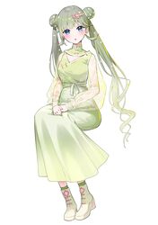  1girl :o absurdres blue_eyes blush breasts cattleya_regina_games china_dress chinese_clothes double_bun dress flower full_body green_hair hair_bun hair_flower hair_ornament hanabusa_lisa high_heels high_tops highres invisible_chair long_dress looking_at_viewer medium_breasts nemoto_yuuma open_mouth platform_footwear see-through see-through_sleeves shoes simple_background sitting sneakers solo twintails virtual_youtuber vspo! white_background 