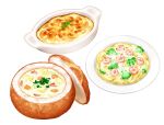  bread_bowl commentary_request food food_focus food_request gratin no_humans original pasta plate shrimp simple_background stew still_life tokie_(tokie-mizu) white_background 