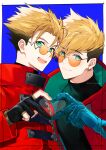  2boys :d artist_name black_gloves black_shirt blonde_hair blue_background border buttons closed_mouth coat collared_coat commentary dual_persona earrings eyelashes glasses gloves green_eyes hair_between_eyes hand_up heart heart_hands heart_hands_duo high_collar highres jewelry long_sleeves looking_at_viewer male_focus mole mole_under_eye multiple_boys open_clothes open_coat open_mouth orange-tinted_eyewear outside_border partially_fingerless_gloves prosthesis prosthetic_arm red_coat round_eyewear shirt short_hair simple_background single_earring smile spiky_hair teeth tinted_eyewear trigun trigun_stampede turtleneck twitter_username undercut upper_body upper_teeth_only vash_the_stampede white_border yasuda_(info_yasuda) zipper 