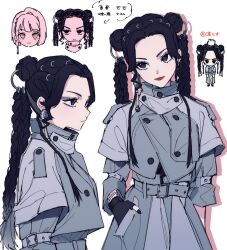 2girls amatsumi_inori amatsumi_itsuka belt belt_buckle black_gloves black_hair blue_nails buckle buttons chibi coat commentary_request cowboy_shot dreadlocks fingerless_gloves forehead gloves hand_in_pocket highres hypnosis_mic hypnosis_mic:_rule_the_stage long_hair makeup multiple_girls multiple_views oaaaka_428 red_lips white_background 