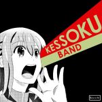  1girl album_cover album_cover_redraw band black_background bocchi_the_rock! brand_name_imitation btr cover derivative_work english_text franz_ferdinand_(band) gotou_hitori greyscale group_name highres monochrome open_mouth rizal_yoshida you_could_have_it_so_much_better 