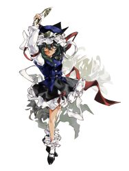  1990s_(style) 1girl absurdres arm_up black_skirt blue_hat blue_vest chichuanchichuanchuan chrysanthemum flower frilled_hat frilled_skirt frilled_socks frills green_hair hat highres mary_janes red_ribbon retro_artstyle ribbon rod_of_remorse shiki_eiki shoes skirt socks touhou vest white_ribbon white_sleeves 