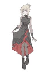  17aijo 1girl bang_dream! bang_dream!_it's_mygo!!!!! black_dress black_pantyhose black_shoes blonde_hair commentary dress folded_ponytail full_body highres misumi_uika pantyhose shoes short_hair simple_background solo untranslatable_commentary violet_eyes white_background 
