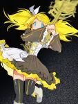  1girl alternate_costume alternate_hairstyle black_thighhighs blonde_hair blue_eyes boots bow dress frilled_dress frills guitar hair_ornament hair_ribbon hairclip headphones highres holding holding_instrument incoming_attack instrument kagamine_rin long_hair no_nose ribbon roshin_yuukai_(vocaloid) saka_(sakadesu0612) solo thigh-highs twintails two-tone_dress vocaloid white_bow white_footwear yellow_nails yellow_ribbon zettai_ryouiki 