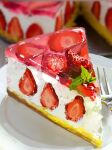  18621573596 cake dessert food food_focus fork fruit leaf no_humans original plate realistic shadow still_life strawberry strawberry_slice 