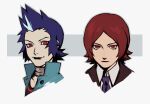  2boys black_jacket black_lips blue_hair closed_mouth cropped_shoulders highres jacket jewelry looking_at_viewer makeup male_focus mishina_eikichi multicolored_hair multiple_boys neck_ring neekosiah persona persona_2 portrait red_eyes redhead simple_background spiky_hair suou_tatsuya two-tone_background 