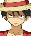  1boy black_eyes black_hair commentary_request frown hat hospital_king looking_at_viewer male_focus monkey_d._luffy one_piece parted_lips portrait red_shirt scar scar_on_cheek scar_on_face shaded_face shirt short_hair simple_background solo straw_hat v-shaped_eyebrows white_background 