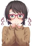  1girl absurdres bespectacled black_hair blush brown_cardigan cardigan closed_mouth glasses green_eyes heart highres hololive long_sleeves looking_at_viewer oozora_subaru red-framed_eyewear short_hair simple_background sleeves_past_wrists solo starkamisan swept_bangs upper_body virtual_youtuber white_background 