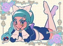  1girl bangs blunt_bangs dotted_background eyelashes fang flower framed_image frilled_sleeves frills frown great_ball green_hair hands_on_own_face kiddo_salty lebanne_(pokemon) legs_up long_braid long_hair looking_at_viewer maid_headdress maid_uniform pokemon pokemon_legends:_z-a solo violet_eyes white_stockings yellow_background 