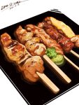  chicken_(food) commentary dated english_commentary food food_focus highres meat no_humans original plate realistic signature simple_background skewer still_life white_background yakitori zeroorez 