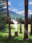  18621573596 1girl blue_sky clouds floating_hair glowing grass leaf long_hair original scenery shadow sky solo tree wide_shot 