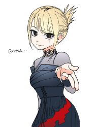  1girl bang_dream! bang_dream!_it's_mygo!!!!! black_dress blonde_hair breasts brown_eyes closed_mouth commentary dress earrings folded_ponytail highres jewelry long_sleeves looking_at_viewer medium_breasts misumi_uika mole mole_above_mouth real_life s0y0ring sasaki_rico_(voice_actor) short_hair simple_background solo untranslatable_commentary voice_actor voice_actor_connection white_background 