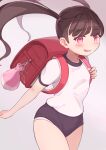  1girl backpack bag black_hair buruma gym_uniform hair_tie kai_ooo1 long_hair looking_at_viewer open_mouth original panties panties_under_buruma pink_eyes randoseru shirt solo t-shirt twintails underwear 