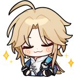 1boy ahoge blonde_hair chibi chinese_commentary closed_eyes closed_mouth english_commentary hand_on_own_hip honkai:_star_rail honkai_(series) long_hair male_focus official_art parted_bangs smile smirk star_(symbol) transparent_background upper_body yanqing_(honkai:_star_rail)