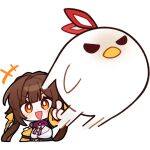 +++ 1girl :d animal bird blush brown_hair chibi chinese_clothes english_commentary honkai:_star_rail honkai_(series) long_hair looking_at_animal official_art open_mouth pointing smile sushang_(honkai:_star_rail) transparent_background twintails v-shaped_eyebrows
