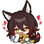  1girl animal_ears bracelet brown_hair chibi chinese_clothes english_commentary fox_ears fox_tail furrowed_brow green_eyes hair_between_eyes heart honkai:_star_rail honkai_(series) jewelry long_hair looking_at_viewer official_art open_mouth solo tail tingyun_(honkai:_star_rail) transparent_background 
