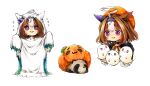  1girl :3 @_@ ahoge animal_ears brown_hair commission flying_sweatdrops ghost hairband highres horse_ears mame_nabe_donko meisho_doto_(dot-o&#039;-lantern)_(umamusume) meisho_doto_(umamusume) multicolored_hair multiple_views neck_ribbon open_mouth orange_headwear pumpkin_hat raccoon ribbon short_hair skeb_commission smile traditional_media two-tone_hair umamusume v-shaped_eyebrows violet_eyes white_background 