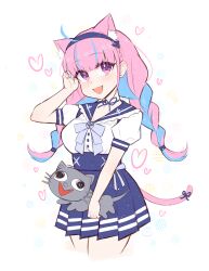  1girl :d absurdres ahoge anchor_hair_ornament animal_ear_fluff animal_ears blue_bow blue_choker blue_hair blue_hairband blue_nails blue_ribbon blue_sailor_collar blue_skirt blush bow braid breasts cat_ears cat_girl cat_tail choker commentary cowboy_shot cropped_legs emu_(confisery) hair_ornament hairband heart high-waist_skirt highres hololive kemonomimi_mode long_hair looking_at_viewer minato_aqua multicolored_hair nail_polish official_alternate_costume open_mouth pink_eyes pink_hair pink_tail pleated_skirt puffy_sleeves ribbon ribbon_choker sailor sailor_collar school_uniform shirt short_sleeves simple_background skirt smile solo streaked_hair tail tail_ornament tail_ribbon twin_braids twintails two-tone_hair violet_eyes virtual_youtuber white_background white_shirt 