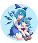  2girls absurdres blue_background blue_bow blue_dress blue_eyes blue_hair bow brown_footwear cirno commentary_request detached_wings dress full_body hair_bow highres hug ice ice_wings looking_at_another mikan_(manmarumikan) multiple_girls one_eye_closed short_hair short_sleeves socks touhou white_socks wings 