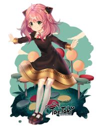  1girl absurdres anya_(spy_x_family) artist_name bench black_dress black_shoes black_sleeves child closed_mouth collared_shirt dress gold_trim gold_wrist_cuffs grass green_eyes hairpods highres long_hair long_sleeves outstretched_arms pink_hair plant red_ribbon ribbon shirt shoes solo spread_arms spy_x_family tactoki thigh-highs white_thighhighs 