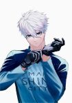  1boy adjusting_clothes adjusting_gloves black_eyes black_gloves blue_lock blue_shirt gloves hands_up highres lllou_illust long_sleeves looking_at_viewer male_focus nagi_seishirou shirt simple_background soccer_uniform solo sportswear twitter_username upper_body white_background white_hair 