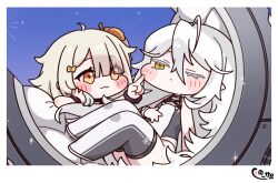  2girls ahoge black_leotard black_thighhighs blonde_hair bow cheek_poking chibi ed_(trickcal) fewer_digits food-themed_hair_ornament hair_ornament highres leotard long_hair machine multicolored_leotard multicolored_thighhighs multiple_girls nata_(trickcal) night orange_bow orange_eyes poking pumpkin_hair_ornament sky speaki_(trickcal) thigh-highs trickcal very_long_hair white_hair white_leotard yamada_sakura yellow_eyes 