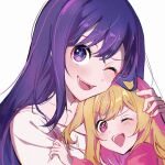  2girls blonde_hair blush collarbone commentary_request highres hoshino_ai_(oshi_no_ko) hoshino_ruby long_hair mother_and_daughter multiple_girls one_eye_closed open_mouth oshi_no_ko pink_eyes purple_hair shirt simple_background star-shaped_pupils star_(symbol) symbol-shaped_pupils violet_eyes white_background white_shirt yamabukiyuki 