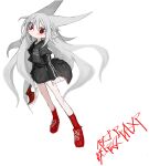  1girl animal_ears axe black_jacket black_shirt black_skirt blush borrowed_character character_name closed_mouth commentary floating_hair full_body grey_hair head_back highres holding holding_axe jacket layered_sleeves long_hair long_sleeves looking_at_viewer original pointy_ears print_shirt red_eyes red_footwear red_socks reitoubeef shirt shoes short_over_long_sleeves short_sleeves skirt sneakers socks solo translated very_long_hair white_background 