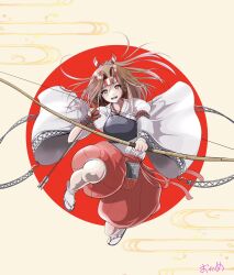  1girl agano_class_no3 bow_(weapon) brown_eyes brown_hair commentary_request gloves hachimaki hakama hakama_shorts headband high_ponytail highres japanese_clothes kantai_collection long_hair looking_at_viewer muneate open_mouth partially_fingerless_gloves ponytail red_shorts shorts smile solo striped_headband weapon yugake zuihou_(kancolle) 