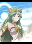  1girl armlet bare_shoulders blue_sky forehead_jewel green_eyes green_hair highres jewelry kid_icarus letterboxed long_hair looking_at_viewer open_mouth palutena pendant rune_(ruupokesmash54) sky solo twitter_username upper_body very_long_hair 