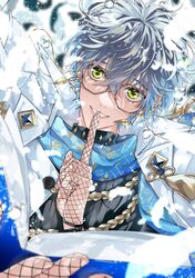  1boy blue_hair blue_scarf blurry blurry_foreground book coat earrings fishnet_gloves fishnets floating_clothes floating_hair glasses gloves gradient_hair green_eyes highres holding holding_book ike_eveland index_finger_raised jacket jewelry looking_at_viewer male_focus multicolored_hair nijisanji nijisanji_en open_mouth scarf short_hair snow solo tassel teeth two-tone_hair upper_body usukuchi_(hagi) virtual_youtuber water_drop white_coat 