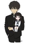  1boy 1girl artist_logo black_hair black_skirt brown_hair chitanda_eru gakuran green_eyes highres hyouka kamiyama_high_school_uniform_(hyouka) long_hair long_sleeves looking_at_viewer mery_(yangmalgage) oreki_houtarou pleated_skirt sailor_collar school_uniform serafuku shirt short_hair simple_background skirt tagme violet_eyes white_background white_shirt 