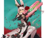  1girl absurdres ahoge aqua_eyes breasts cleavage_cutout clothing_cutout clover dress ehkcaio elphelt_valentine flower four-leaf_clover grin guilty_gear guilty_gear_xrd gun hairband highres holding holding_gun holding_weapon huge_ahoge large_breasts looking_at_viewer petals red_flower red_rose rose short_hair smile spiked_hairband spikes weapon wedding_dress 