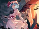  1girl bat_(animal) bat_wings blue_hair blurry blurry_background brooch closed_mouth clouds depth_of_field dress frills from_below hat highres jewelry light_frown mob_cap night night_sky pink_dress red_eyes remilia_scarlet short_hair short_sleeves sidelighting sky solo syc2159 touhou wings wrist_cuffs 