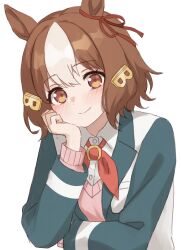  1girl animal_ears astroglia_cyte belno_light_(umamusume) blush breasts brown_hair closed_mouth collared_shirt commentary_request ear_ribbon hair_ornament head_rest highres horse_ears horse_girl jacket kasamatsu_tracen_school_uniform letter_hair_ornament long_sleeves looking_at_viewer multicolored_hair multicolored_jacket neckerchief open_clothes open_jacket parted_lips pink_sweater_vest red_neckerchief school_uniform shirt short_hair simple_background smile solo sweater_vest two-tone_hair two-tone_jacket umamusume umamusume:_cinderella_gray white_background white_hair white_shirt 