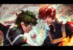  2boys ahoge alternate_eye_color attack battle blue_eyes blurry blurry_background boku_no_hero_academia burn_scar clenched_hand clenched_teeth commentary cryokinesis depth_of_field embers english_commentary eye_contact fang fire floating_hair freckles from_side furrowed_brow gloves green_hair hand_up high_collar highres ice jacket latin_commentary letterboxed looking_at_another male_focus midoriya_izuku mixed-language_commentary multicolored_hair multiple_boys open_collar open_mouth profile pyrokinesis red_eyes redhead sangrde scar scar_on_face serious short_hair smoke spoilers sweat teeth todoroki_shouto track_jacket two-tone_hair u.a._gym_uniform upper_body web_address white_gloves white_hair 