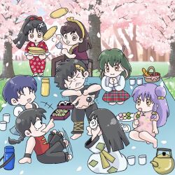  >_< 3boys 5girls :o black_hair blue_hair brown_eyes brown_hair chibi chibi_only coke-bottle_glasses commentary_request dango dress food glasses green_hair hair_bun hibiki_ryouga highres holding holding_food japanese_clothes kimono konatsu_(ranma_1/2) kuonji_ukyou long_hair mousse_(ranma_1/2) multiple_boys multiple_girls okonomiyaki outdoors picnic pink_dress plaid_clothes plaid_skirt ponytail ranma_1/2 red_kimono red_skirt saotome_ranma saotome_ranma_(male) shampoo_(ranma_1/2) short_hair single_side_bun skirt takotakoagare85 teapot tendou_akane unryuu_akari wagashi 