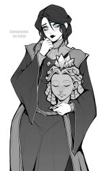  1girl black_hair blue_eyes closed_mouth commentary commission contrapposto cowboy_shot elden_ring english_commentary hair_between_eyes head_on_hand head_rest highres holding holding_mask jewelry looking_at_viewer mask monochrome necklace robe side_part sidelocks simple_background solo sorceress_sellen spot_color stole stone_mask wide_sleeves ykshelter 