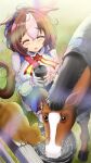  1girl ahoge animal_ears blanket blue_ribbon brown_hair cat commentary_request creature_and_personification cup drinking ear_ribbon ears_down fence hair_between_eyes hairband highres holding holding_cup horse horse_ears horse_girl horse_tail light_rays maru-san_(jugz4835) meisho_doto_(racehorse) meisho_doto_(umamusume) meto_(cat) neck_ribbon outdoors pink_hairband real_life ribbon squatting sunlight tail umamusume white_hair wooden_fence 