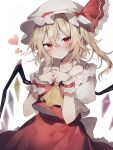  1girl ascot back_bow blonde_hair blurry blush bow breasts cowboy_shot crystal depth_of_field flandre_scarlet frilled_shirt_collar frills hair_between_eyes hands_up heart highres light_frown looking_at_viewer medium_hair one_side_up pointy_ears red_eyes red_skirt red_vest simple_background skirt skirt_set slit_pupils small_breasts solo touhou user_xcxk5742 vest white_background wings yellow_ascot 