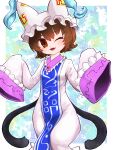  animal_ears blurry blurry_background blush brown_eyes brown_hair cat_ears cat_girl cat_tail chen cosplay highres long_sleeves looking_at_viewer miyo_(user_xstn5827) one_eye_closed short_hair sleeves_past_fingers sleeves_past_wrists tail touhou yakumo_ran yakumo_ran_(cosplay) 