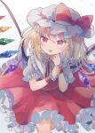  1girl :p blonde_hair blush bow crystal eyebrows_hidden_by_hair flandre_scarlet frilled_shirt_collar frills grey_background hair_between_eyes hat hat_bow head_tilt hiyuu_(hiyualice) kneeling looking_at_viewer medium_hair mob_cap one_side_up petite pointy_ears puffy_short_sleeves puffy_sleeves red_bow red_eyes red_skirt red_vest short_sleeves simple_background skirt skirt_set solo tongue tongue_out touhou vest white_background wings wrist_cuffs 