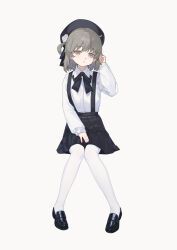  1girl absurdres beret black_hat black_ribbon black_shoes black_skirt brown_eyes brown_hair collared_shirt commentary dress_shirt flower full_body hair_rings hat hatoba_tsugu highres invisible_chair knees_together_feet_apart loafers long_sleeves looking_at_viewer neck_ribbon pantyhose parted_lips pleated_skirt ribbon rose shiny_footwear shirt shirt_tucked_in shoes short_hair simple_background single_hair_ring sitting skirt suspender_skirt suspenders tsugu_(vtuber) untranslatable_commentary virtual_youtuber white_background white_flower white_pantyhose white_rose white_shirt yuk1_(nonon_yukiii) 
