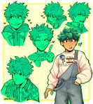  1boy all_might alternate_costume blush boku_no_hero_academia character_pin closed_mouth clothes_writing commentary floral_print freckles green_eyes green_hair grey_overalls habkart hand_in_pocket hands_on_own_face head_rest heart highres hood hood_down hoodie index_finger_raised long_sleeves looking_at_viewer looking_to_the_side male_focus meme midoriya_izuku multiple_views one_eye_closed open_mouth overalls print_shirt shirt short_hair signature simple_background smile sonic_(series) sonic_the_hedgehog standing tongue tongue_out v white_shirt 
