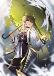  1girl arknights belt_collar coat collar grey_hair hair_ornament highres holding holding_umbrella huajiaohaibao long_hair long_sleeves muelsyse_(arknights) name_tag open_clothes open_coat open_mouth sharp_teeth smile solo standing teeth umbrella upper_teeth_only white_coat yellow_eyes 