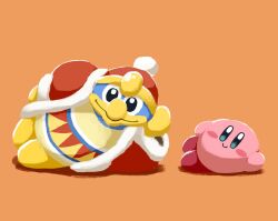  1boy aruco_co black_eyes blush_stickers closed_mouth coat fur-trimmed_coat fur_trim hat head_on_hand invisible_floor king_dedede kirby kirby_(series) long_sleeves looking_at_viewer lying on_side orange_background pom_pom_(clothes) red_coat red_hat sash simple_background smile triangle_print waist_sash 