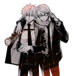  2boys black_nails black_necktie black_pants black_suit blonde_hair braid daybit_sem_void fate/grand_order fate_(series) formal french_braid gun hand_on_another&#039;s_shoulder holster jewelry long_hair looking_at_viewer looking_over_eyewear male_focus multiple_boys necktie nobicco open_clothes pants ring shirt short_hair side_braid simple_background strap suit sunglasses sunlight tezcatlipoca_(fate) watch watch weapon white_background white_shirt 